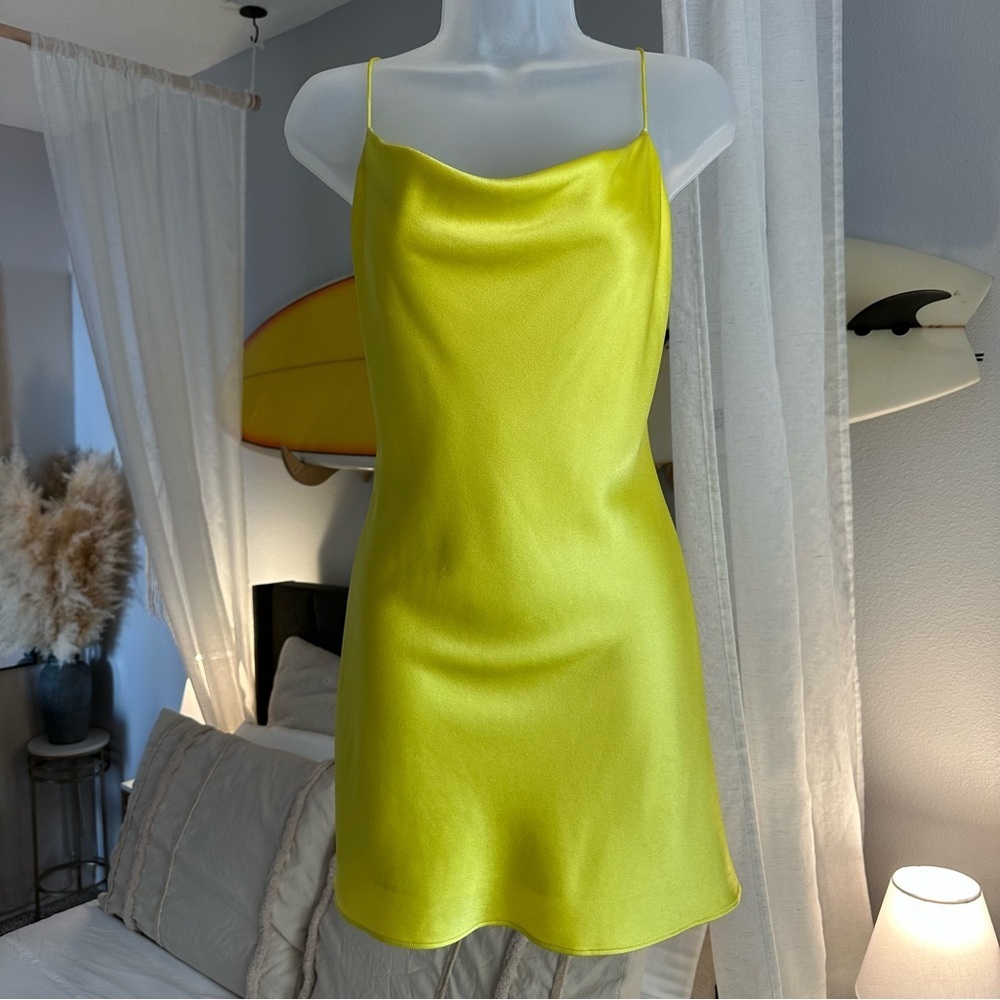 Alice + Olivia Harmony Mini Slipdress Satin 90s Cowl Neck in Canary Yellow - Picture 2 of 11